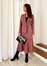 Load image into Gallery viewer, The Ada Jacket is a relaxed blazer-style jacket, in a beautiful Linen blend fabric, in 2 subtle earthy tones, a soft Beaujolais Nouveau Wine colour and a pastel Grey/Green.   The Ada jacket cuts a flattering figure, a cinched waist with a matching belt and single large button.  The collar, hem, pockets and cuffs are frayed at the edges, which adds a gorgeous bohemian touch to a timeless silhouette
