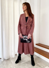 Load image into Gallery viewer, The Ada Jacket is a relaxed blazer-style jacket, in a beautiful Linen blend fabric, in 2 subtle earthy tones, a soft Beaujolais Nouveau Wine colour and a pastel Grey/Green.   The Ada jacket cuts a flattering figure, a cinched waist with a matching belt and single large button.  The collar, hem, pockets and cuffs are frayed at the edges, which adds a gorgeous bohemian touch to a timeless silhouette

