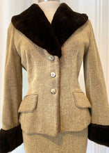 Load image into Gallery viewer, Brand: Hexagon Circa: 1990 Style: tailored wool blend suit, fitted jacket, pencil skirt Preloved Colour: beige with dark brown faux fur trim Fabric: 56% wool, acrylic 8%, cotton 13%, nylon 23% lined dry clean Size T 1 (french) or 38 Made in France
