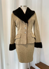 Load image into Gallery viewer, Brand: Hexagon Circa: 1990 Style: tailored wool blend suit, fitted jacket, pencil skirt Preloved Colour: beige with dark brown faux fur trim Fabric: 56% wool, acrylic 8%, cotton 13%, nylon 23% lined dry clean Size T 1 (french) or 38 Made in France
