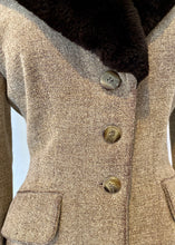 Load image into Gallery viewer, Brand: Hexagon Circa: 1990 Style: tailored wool blend suit, fitted jacket, pencil skirt Preloved Colour: beige with dark brown faux fur trim Fabric: 56% wool, acrylic 8%, cotton 13%, nylon 23% lined dry clean Size T 1 (french) or 38 Made in France
