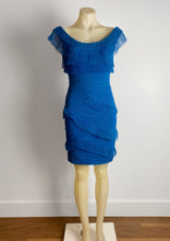 Load image into Gallery viewer, Brand:  Elliatt Circa: 2011/2012 Style: Tailored fit cocktail dress Lined: yes Preloved: yes Colour: peacock Blue Fabric: Polyester Hand wash only Size 8 (Aus) Length 91cms
