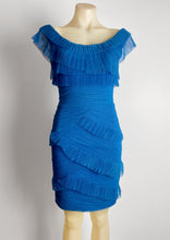 Load image into Gallery viewer, Brand:  Elliatt Circa: 2011/2012 Style: Tailored fit cocktail dress Lined: yes Preloved: yes Colour: peacock Blue Fabric: Polyester Hand wash only Size 8 (Aus) Length 91cms
