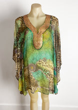 Load image into Gallery viewer, Brand:  Ameise Circa: 2015 Style: Short Kaftan top Preloved: yes Colour: multi /green/gold Fabric: 100% silk
