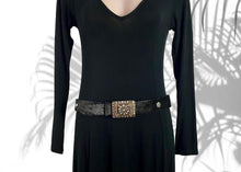 Load image into Gallery viewer, Real cow hide leather belt in rich black hide with an ornate metal buckle with beautiful detailed Mother of Pearl and Brass inlay.   Delicate metal buttons inlaid with Mother of Pearl, Brass and Turquoise are featured along the belt.  Can be worn loose or fitted
