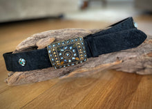 Load image into Gallery viewer, Real cow hide leather belt in rich black hide with an ornate metal buckle with beautiful detailed Mother of Pearl and Brass inlay.   Delicate metal buttons inlaid with Mother of Pearl, Brass and Turquoise are featured along the belt.  Can be worn loose or fitted
