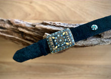 Load image into Gallery viewer, Real cow hide leather belt in rich black hide with an ornate metal buckle with beautiful detailed Mother of Pearl and Brass inlay.   Delicate metal buttons inlaid with Mother of Pearl, Brass and Turquoise are featured along the belt.  Can be worn loose or fitted
