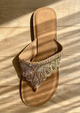 Load image into Gallery viewer, Our gold beaded all leather slide in a classic shape with contemporary detailing. These gorgeous slides can be worn day or night to add a little distinction to any ensemble
