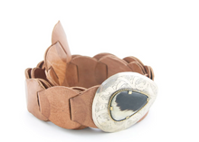 Load image into Gallery viewer, The Meknes Leather Disc Belt is a luxuriously thick belt that gets beautifully soft and supple with age.   In a natural tan leather colour and natural bone, so please note that colours may vary.  Belt length is 107cm end to end.  The leather discs may be cut off for a shorter length. 
