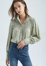Load image into Gallery viewer, The stunning Isla Pleated blouse, beautifully made with cuffed full length sleeves, a frill neck and statement gold buttons down the front.  An abstract graphic design adorns this blouse with pleats and delicate gold elements add to the wow factor of this design.  Pair with jeans, or with tailored trousers or skirt for a more formal look.  For women who want to look elegant and effortlessly stylish from desk to dinner. 
