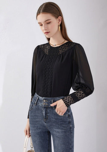Rich in lace details, the Carmen Lace Blouse is simply stunning in this sheer draping fabric, with a fine self pinstripe.  Guipure lace detail at the cuffs and across the chest and neckline is alluringly feminine.  Delicate workmanship and laborious design features, like a zipper on the sleeves, define this beautiful blouse.  Fully lined through the torso, the lace detail and sheer sleeves accentuate a very feminine figure. 