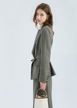 Load image into Gallery viewer, a relaxed blazer-style jacket, in a beautiful Linen blend fabric, GDS design principles reflect a mix between business and casual fashion, with a feminine and elevated approach to clothing in high-quality materials.  The Ada jacket cuts a flattering figure, a cinched waist with a matching belt and single large button.  The collar, hem, pockets and cuffs are frayed at the edges, which adds a bohemian touch to a timeless silhouette.
