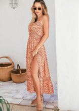 Load image into Gallery viewer, pretty floral print of the Barossa Dress in soft earthy colours of camel, pink and peach.  With a shirred waist and above the bust, and delicate ruffle detail on the tiered skirt, this dress will accommodate many bust sizes with no zips or critical fits.  Lightweight Rayon is cool and flowy, with a split at the front and adjustable straps
