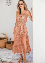 Load image into Gallery viewer, pretty floral print of the Barossa Dress in soft earthy colours of camel, pink and peach.  With a shirred waist and above the bust, and delicate ruffle detail on the tiered skirt, this dress will accommodate many bust sizes with no zips or critical fits.  Lightweight Rayon is cool and flowy, with a split at the front and adjustable straps
