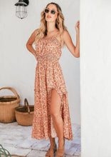 Load image into Gallery viewer, pretty floral print of the Barossa Dress in soft earthy colours of camel, pink and peach.  With a shirred waist and above the bust, and delicate ruffle detail on the tiered skirt, this dress will accommodate many bust sizes with no zips or critical fits.  Lightweight Rayon is cool and flowy, with a split at the front and adjustable straps
