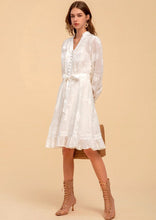 Load image into Gallery viewer, The luxurious Abigail Dress by GDS, crafted of a rich linen weave, showcasts  romantic embroidery prints that add to the vintage look in this exceptionally feminine dress.  The lightweight 100% linen falls beautifully with soft, graceful movement. The embroidery is simple yet exquisite and adds a gorgeous feminine detail to the sheer linen.  Featuring delicate pleats down the front,  fabric buttons, a mandarin collar and finished with a pretty frill at the hem
